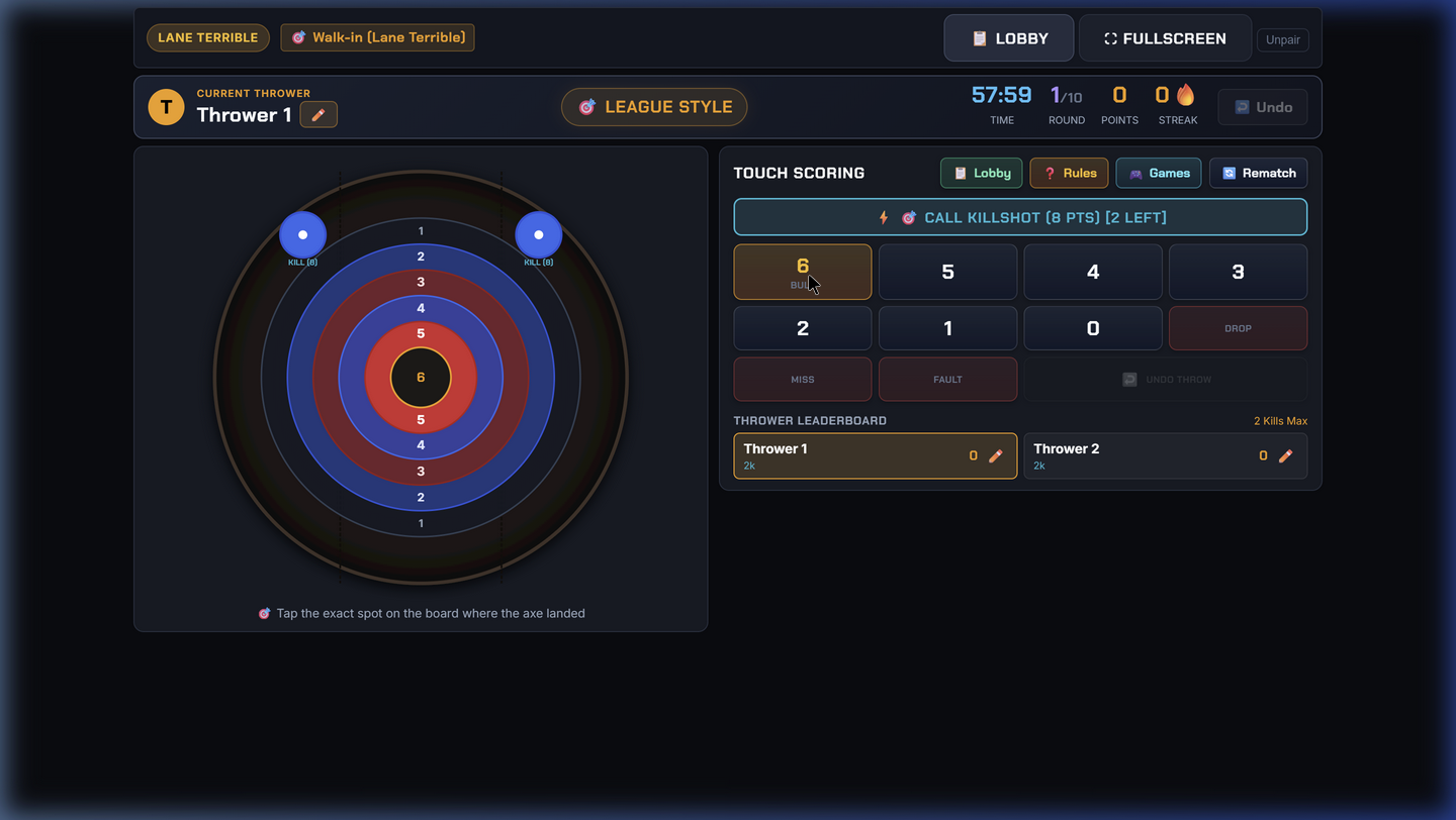 VenueAxe In-Lane Tablet Scorekeeper showing interactive target and score buttons