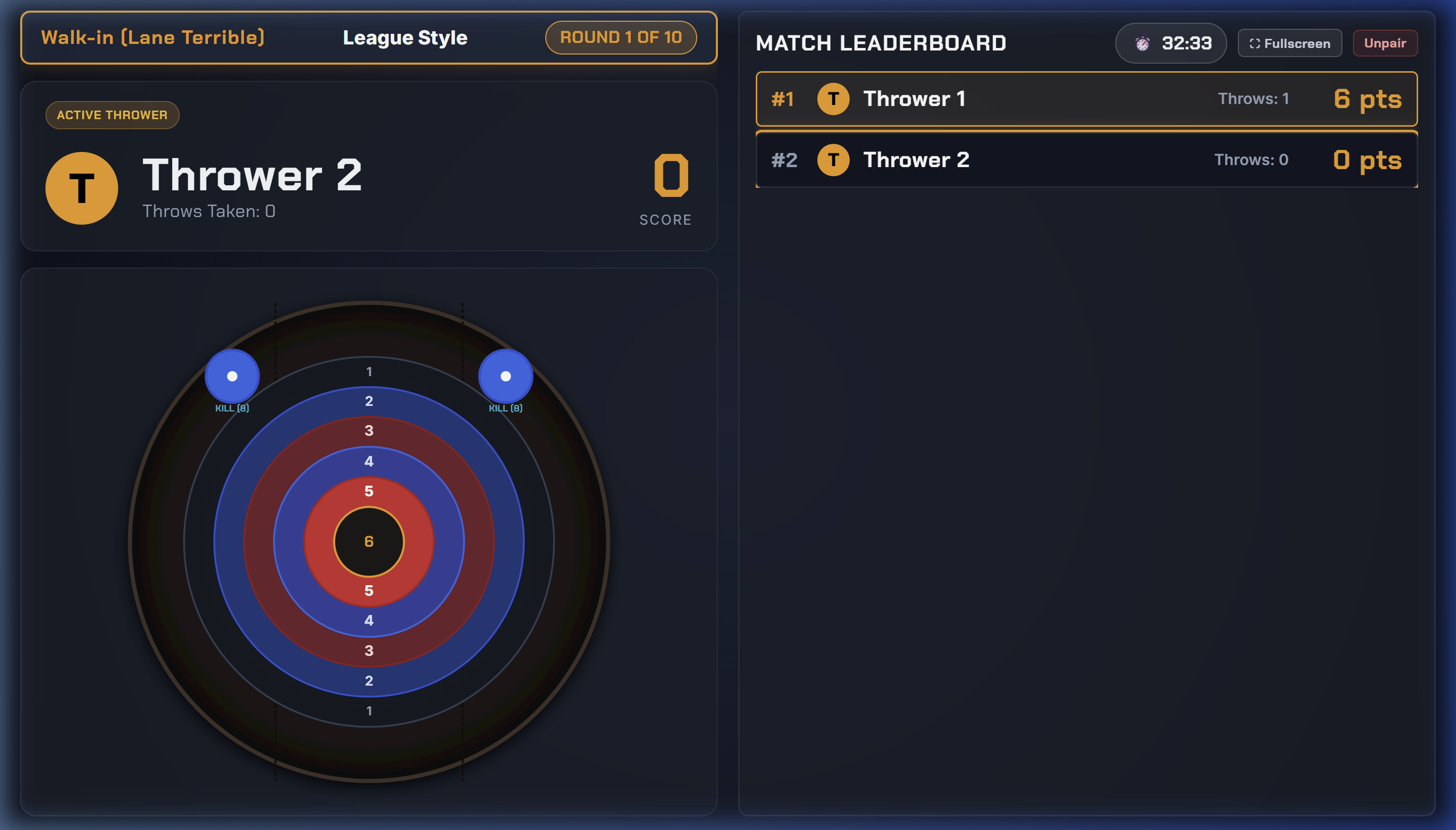 VenueAxe Overhead TV Scoreboard showing live leaderboard and target hit visualizer